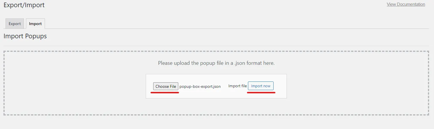 Choose file to import popup