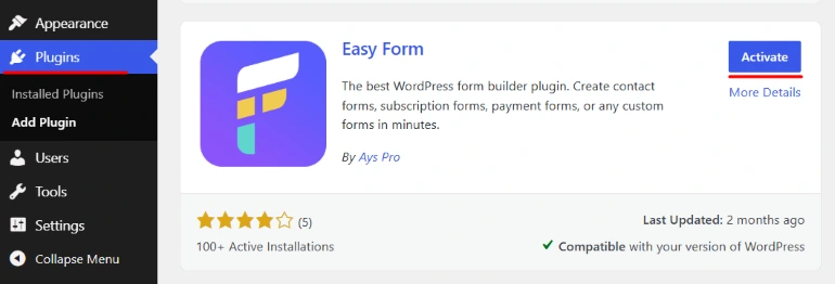 Activate WordPress Form Plugin