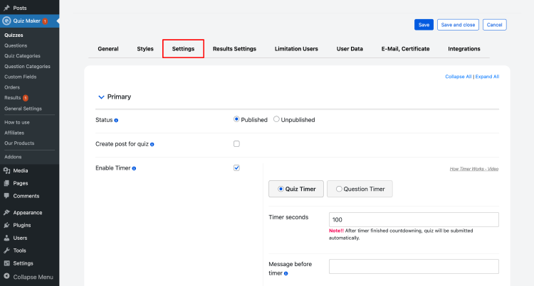 Configure quiz settings