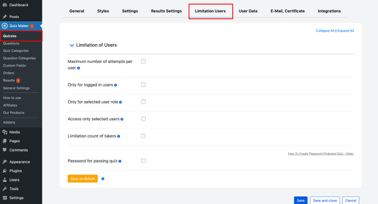 Setup user limitations
