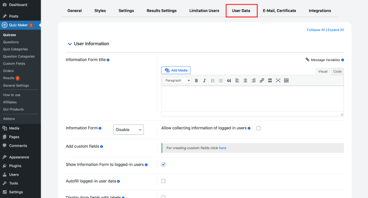 Setup User Data Collection