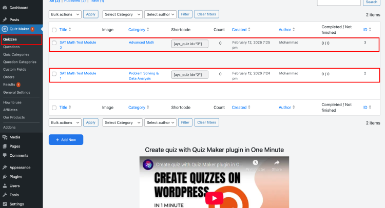 Build two timed quizzes Module 1 and Module 2