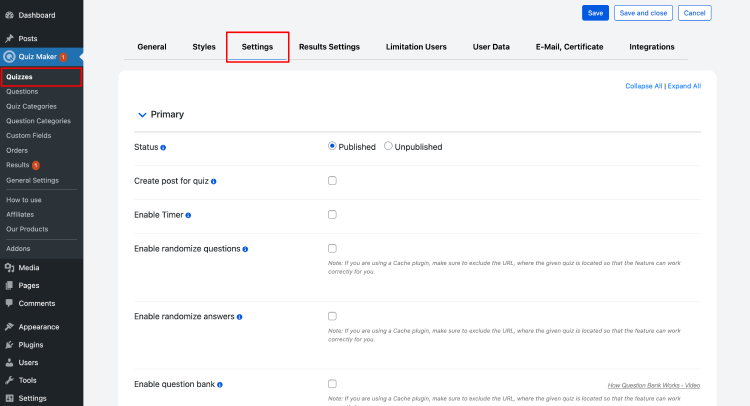 Configure quiz settings