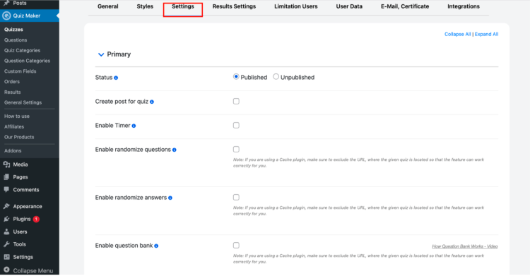 Configure Quiz Settings