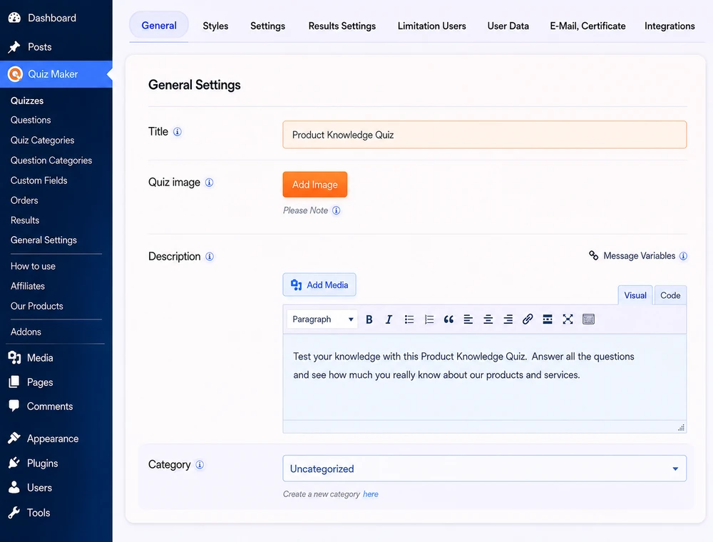 Quiz Maker question builder with answer options and correct answer selection